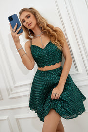 Two Piece Dark Green Halter Sequins Graduation Dress