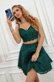 Two Piece Dark Green Halter Sequins Graduation Dress