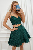 Two Piece Dark Green Halter Sequins Graduation Dress