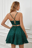Two Piece Dark Green Halter Sequins Graduation Dress