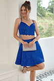 Two Piece Spaghetti Straps Royal Blue Short Graduation Dress