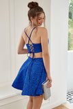 Two Piece Spaghetti Straps Royal Blue Short Graduation Dress