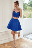 Two Piece Spaghetti Straps Royal Blue Short Graduation Dress