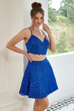 Two Piece Spaghetti Straps Royal Blue Short Graduation Dress