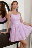 A Line Spaghetti Straps Light Purple Sequins Graduation Dress