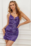 Purple Backless Sequins Tight Short Graduation Dress