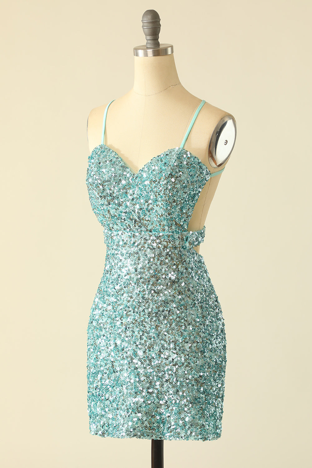 Blue Open Back Sequin Glitter Graduation Dress