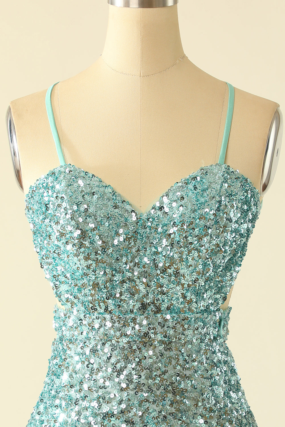 Blue Open Back Sequin Glitter Graduation Dress