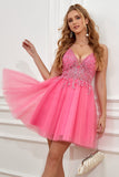 Fuchsia Spaghetti Straps A-Line Backless Short Graduation Dress