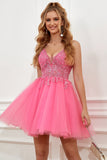 Fuchsia Spaghetti Straps A-Line Backless Short Graduation Dress