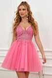 Fuchsia Spaghetti Straps A-Line Backless Short Graduation Dress