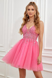 Fuchsia Spaghetti Straps A-Line Backless Short Graduation Dress