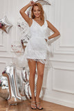 Sheath V Neck White Short Graduation Dress with Tassel