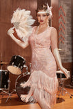 Blush Sequins 1920s Flapper Gatsby Dress with Fringes