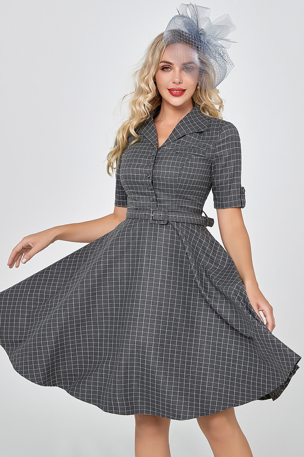 Grey Plaid Half Sleeves Vintage 1950s Dress