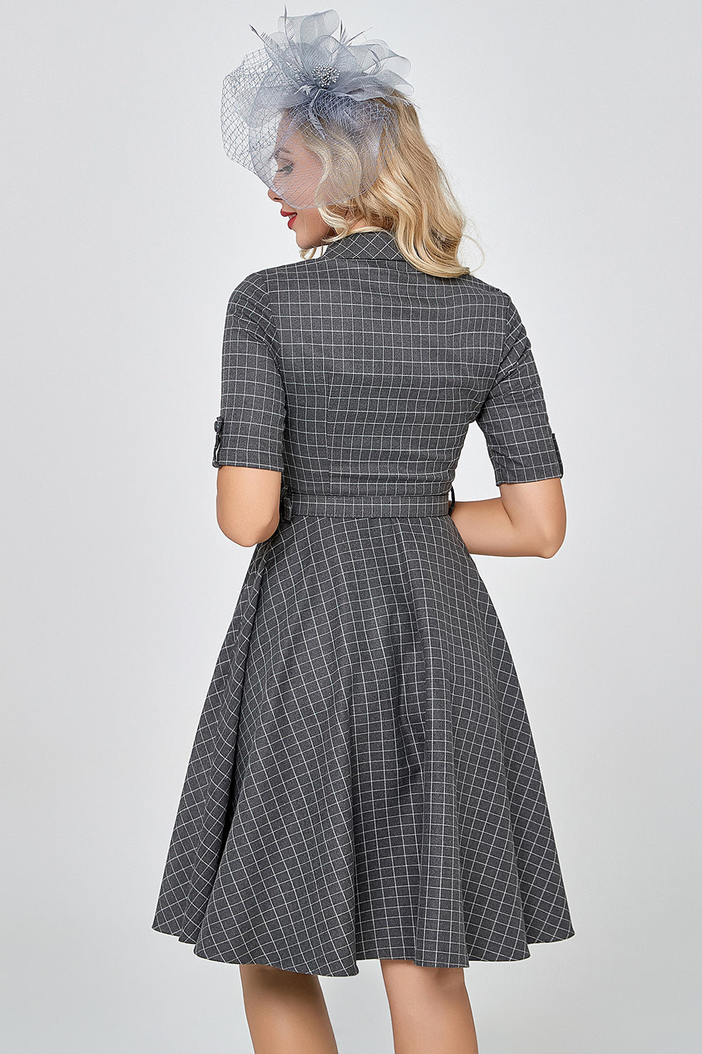Grey Plaid Half Sleeves Vintage 1950s Dress