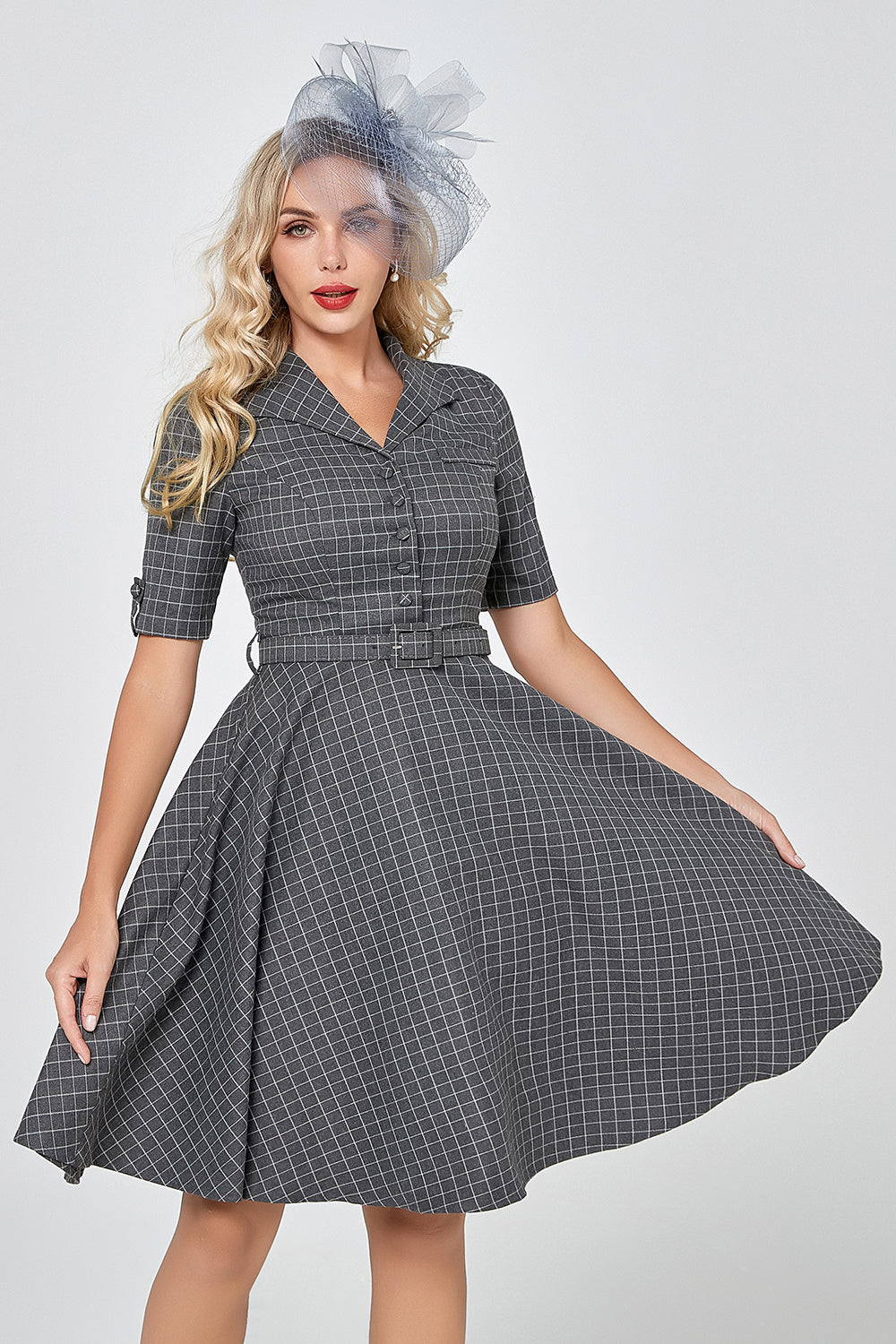 Grey Plaid Half Sleeves Vintage 1950s Dress