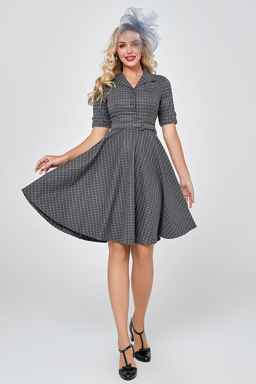 Grey Plaid Half Sleeves Vintage 1950s Dress
