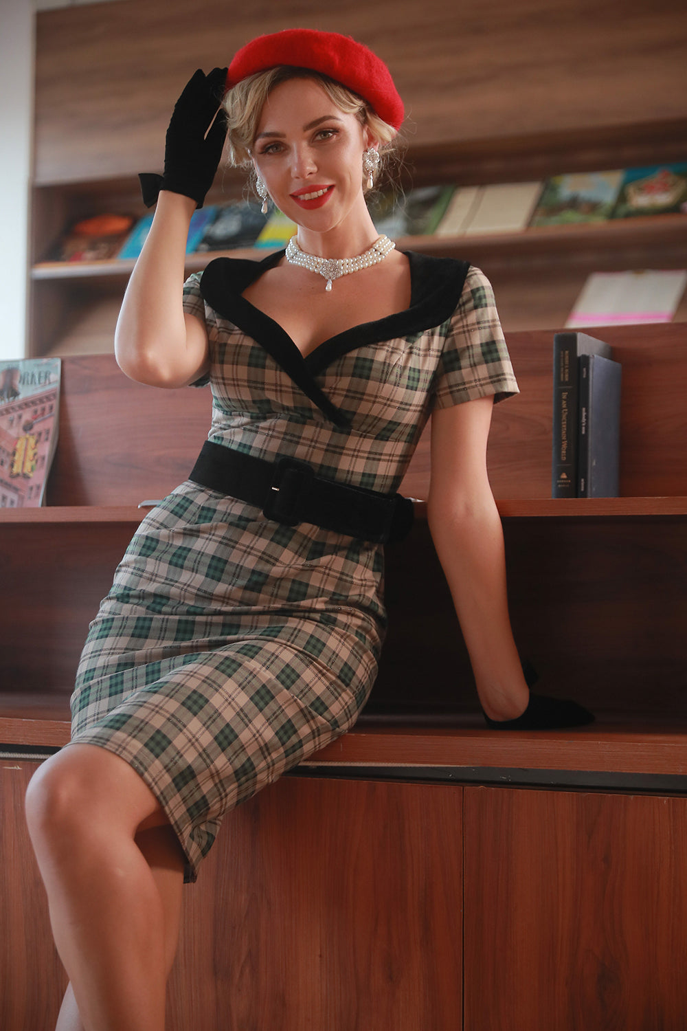 Khaki Plaid 1960s Vintage Dress with Belt