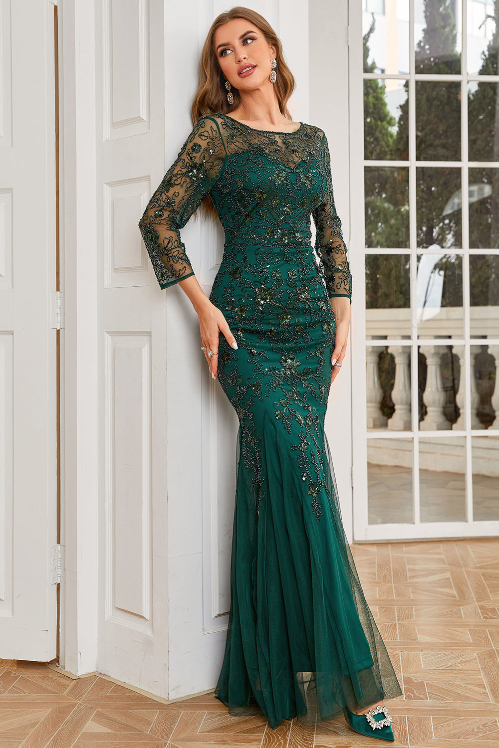 Dark Green Long Sleeves Beading Mother of Bride Dress