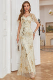 Golden V-Neck Short Sleeves Long 1920s Dress