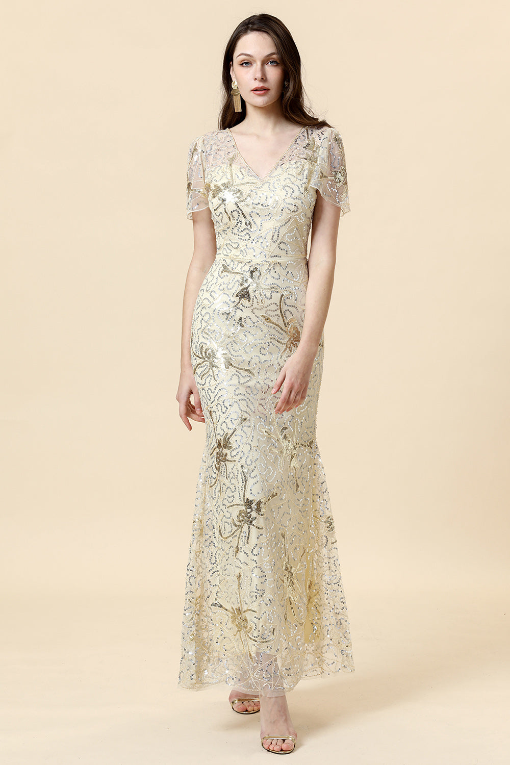 Golden V-Neck Short Sleeves Long 1920s Dress