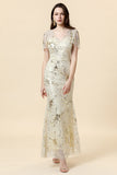 Golden V-Neck Short Sleeves Long 1920s Dress