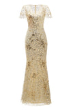 Golden V-Neck Short Sleeves Long 1920s Dress