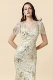 Golden V-Neck Short Sleeves Long 1920s Dress