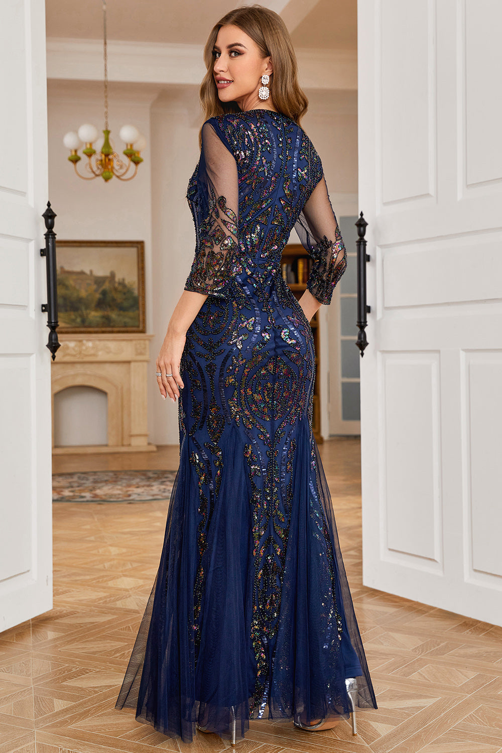 Navy Sequin Long Sleeves Mother of The Bride Dress