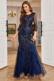 Navy Sequin Long Sleeves Mother of The Bride Dress