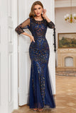 Navy Sequin Long Sleeves Mother of The Bride Dress