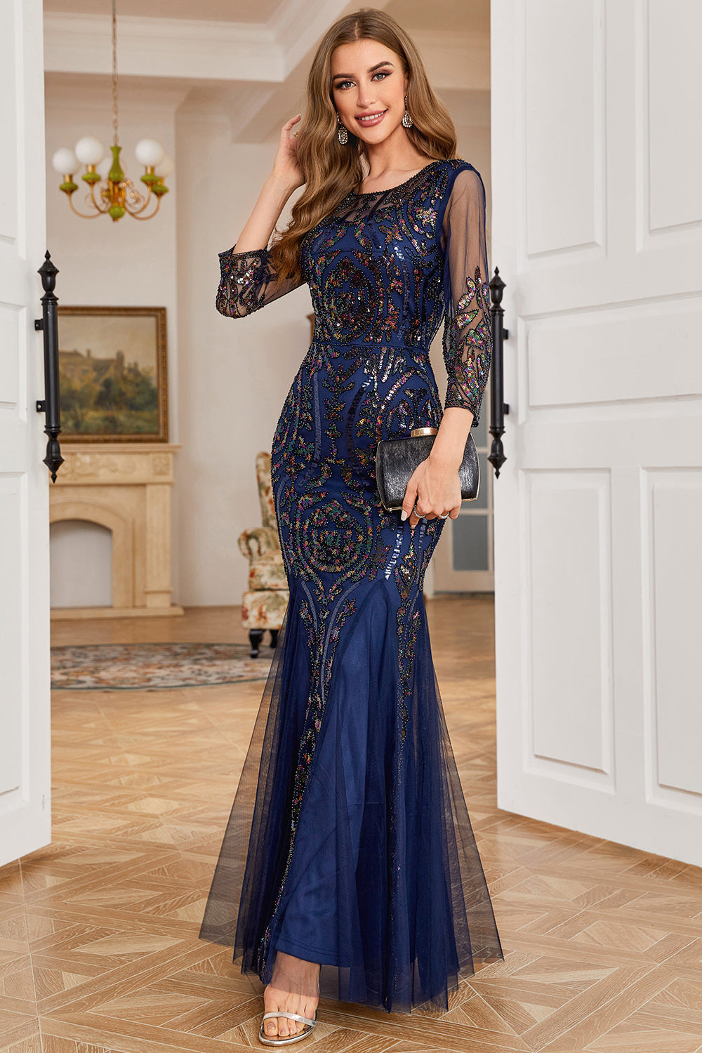 Navy Sequin Long Sleeves Mother of The Bride Dress