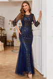 Navy Sequin Long Sleeves Mother of The Bride Dress
