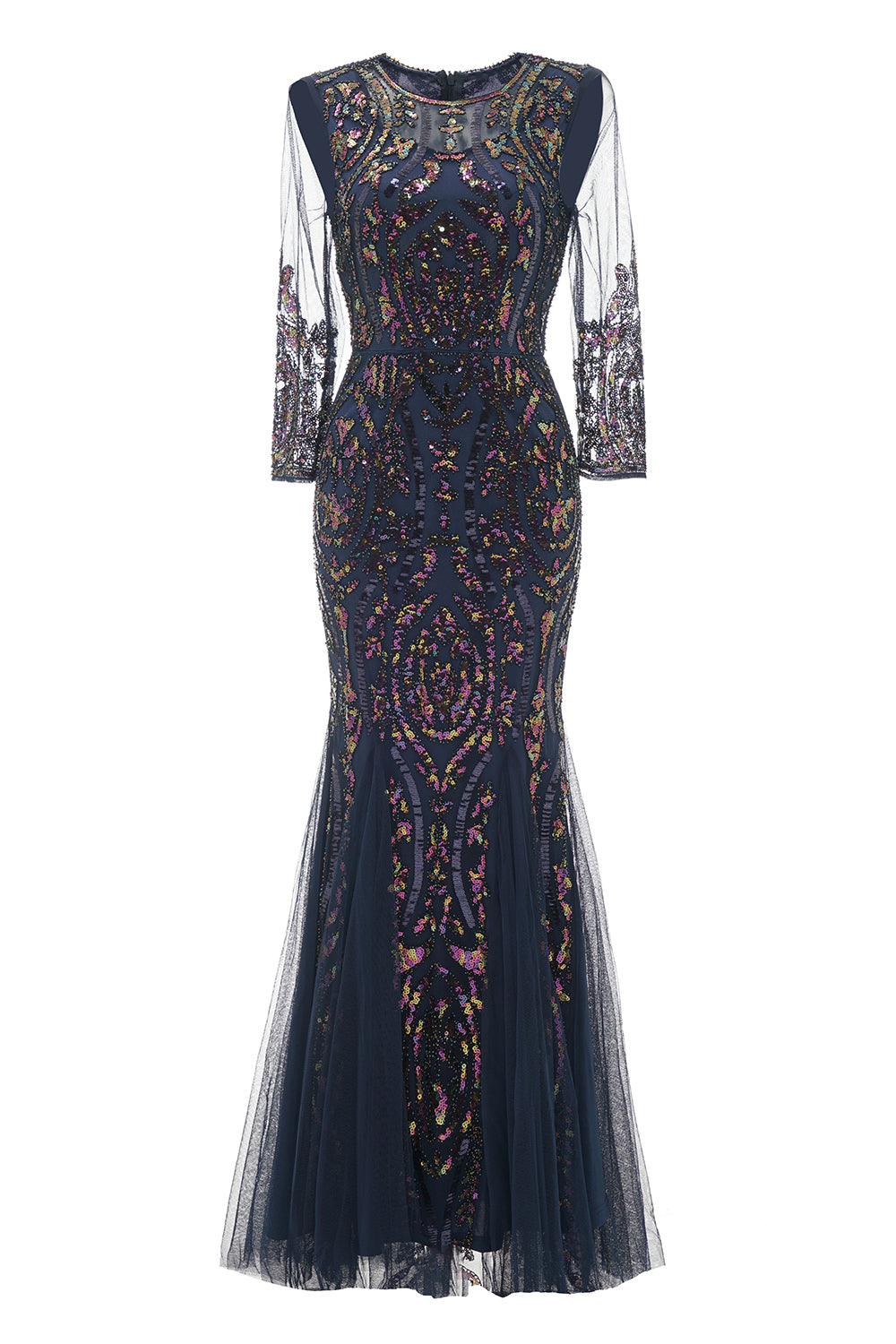 Navy Sequin Long Sleeves Mother of The Bride Dress