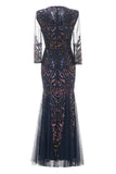 Navy Sequin Long Sleeves Mother of The Bride Dress