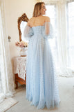 A Line Strapless Blue Printed Plus Size Prom Dress with Half Sleeves