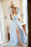 A Line Strapless Blue Printed Plus Size Prom Dress with Half Sleeves