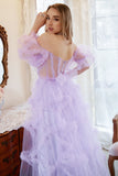A Line Off the Shoulder Purple Corset Plus Size Prom Dress with Bowknot