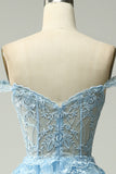 Princess A Line Off the Shoulder Blue Long Prom Dress with Appliques