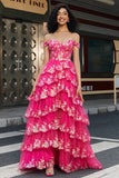 Trendy A Line Off the Shoulder Fuchsia Corset Prom Dress with Split Front