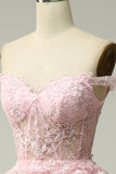 Princess A Line Off the Shoulder Pink Long Prom Dress with Appliques