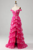 Off The Shoulder Fuchsia Prom Dress with Sequins
