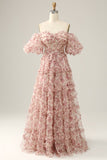 Ivory Red Flower Off The Shoulder Prom Dress