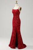 Red Sparkly Mermaid Backless Long Sequined Prom Dress