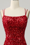 Red Sparkly Mermaid Backless Long Sequined Prom Dress