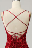 Red Sparkly Mermaid Backless Long Sequined Prom Dress