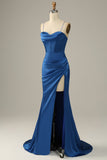 Long Spaghetti Straps Royal Blue Mermaid Prom Dress
