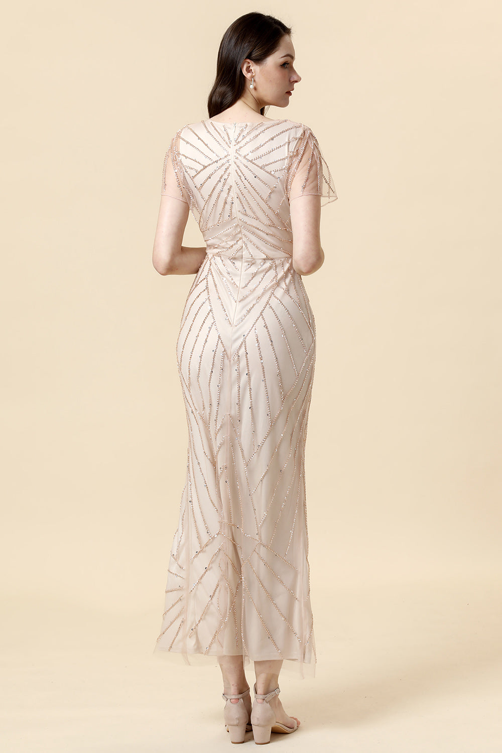 Sheath V Neck Light Khaki Mother of the Bride Dress with Beading