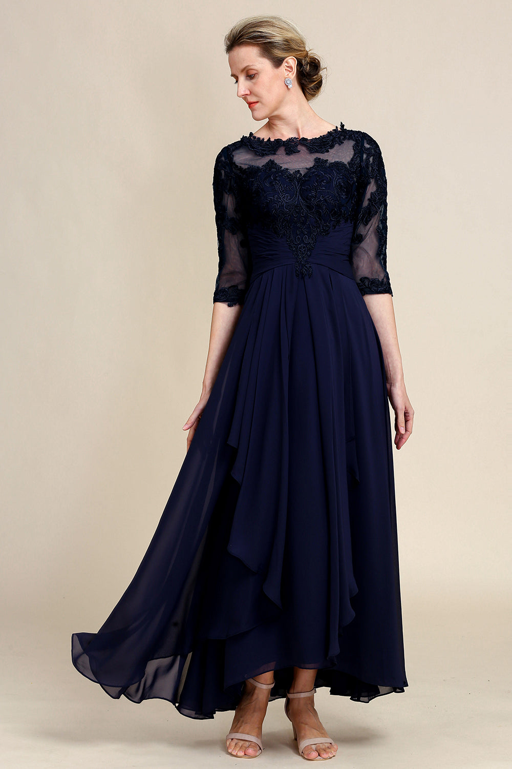 Asymmetrical Navy Mother of the Bride Dress with Long Sleeves